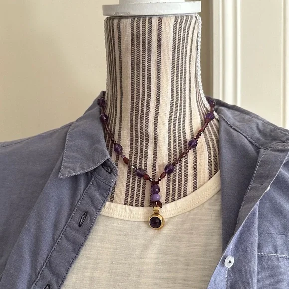 14K Gold Necklace Amethyst Garnet & Jade Beads Vintage Short Lariat Italy